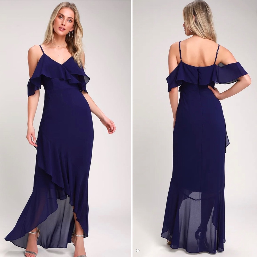 LULU’S 💙 Caden Royal Blue Off-the-Shoulder Ruffled Maxi Dress - Medium